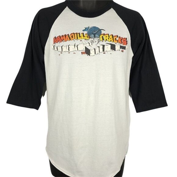 Armadillo Tracks T Shirt Vintage 80s Raglan Baseball Tee 50/50 Made In USA Mens - Picture 1 of 6